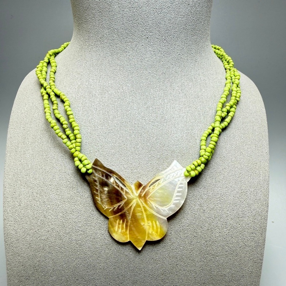 Butterfly Necklace Green Seed Beads Carved Shell Mother of Pearl Figural 18"
